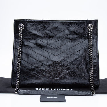 SAINT LAURENT Black Niki Crinkled Leather Shopping Tote Bag