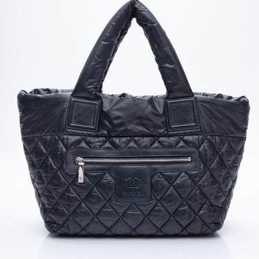 CHANEL Black Nylon with Dark Navy Leather Quilted Coco Cocoon Tote Bag