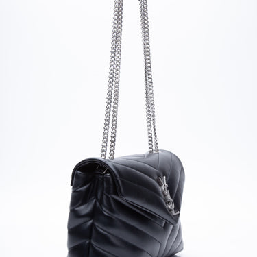 SAINT LAURENT Black Calfskin Y Quilted Monogram Small LouLou Chain Satchel Shoulder Bag (New)