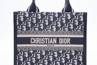 DIOR Ecru and Blue Dior Oblique Embroidery Small Book Tote Bag