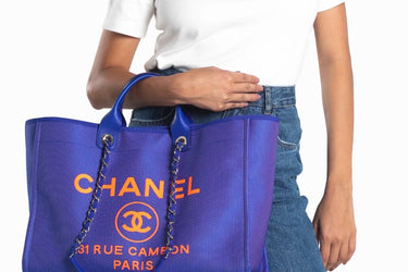 CHANEL Mixed Fibers Blue and Orange Canvas Large Deauville Tote Bag