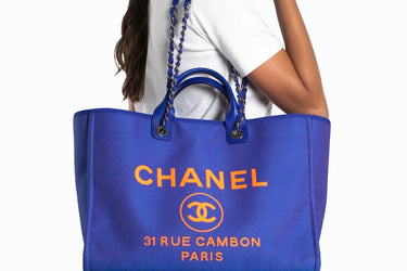 CHANEL Mixed Fibers Blue and Orange Canvas Large Deauville Tote Bag
