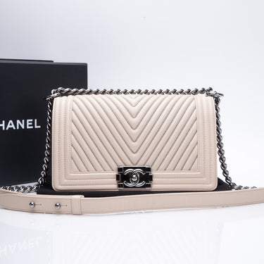 CHANEL Calfskin Chevron Quilted New Medium Boy Flap Beige