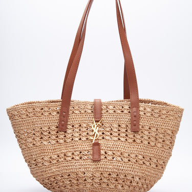 SAINT LAURENT Panier Small Leather-Trimmed Raffia Tote