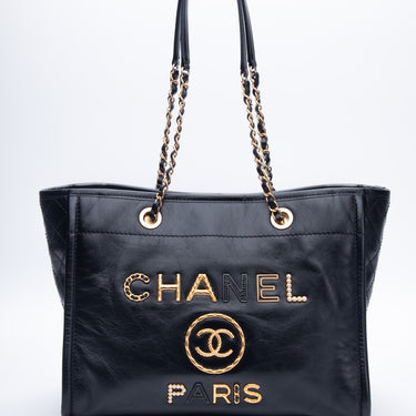 CHANEL Black Aged Calfskin Small Charms Deauville Tote