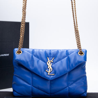 SAINT LAURENT Lambskin Quilted Small Loulou Puffer Monogram Chain Satchel Electric Blue