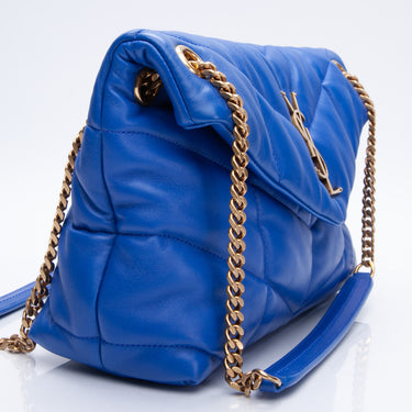 SAINT LAURENT Lambskin Quilted Small Loulou Puffer Monogram Chain Satchel Electric Blue