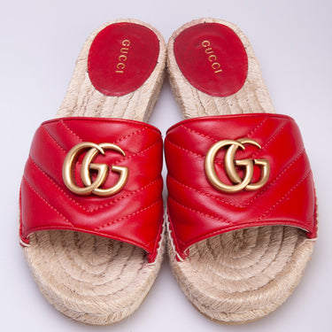 GUCCI Women's Marmont Pilar Leather Espadrille Double GG Logo Sliders Sandals 35