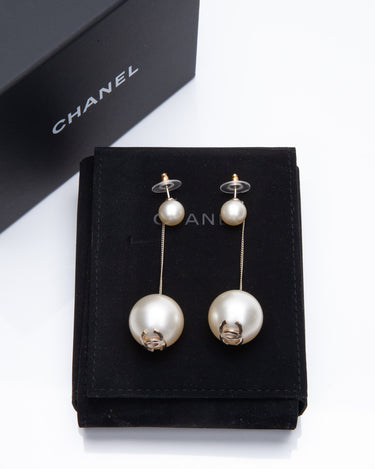 Chanel Pale Gold Tone Crystal & Faux Pearl CC Drop Earrings Chanel