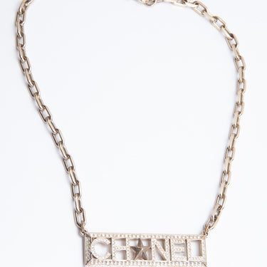 CHANEL Crystal Chain Short Logo Necklace Gold