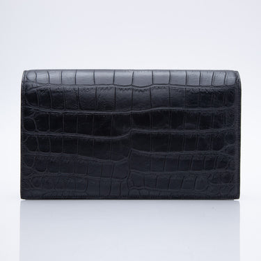 SAINT LAURENT Black Croc Embossed Leather Kate Clutch