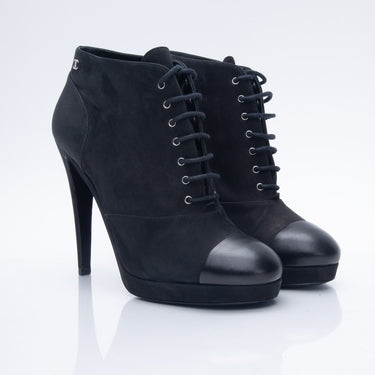 CHANEL Black Leather and Suede Platform Ankle Boots 40.5