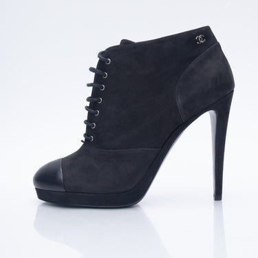 CHANEL Black Leather and Suede Platform Ankle Boots 40.5