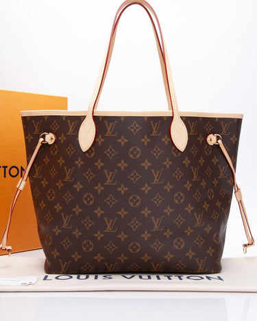 AUTH LOUIS VUITTON NEVERFULL MONOGRAM CANVAS MM TOTE BAG BEIGE STRIPED  LINING