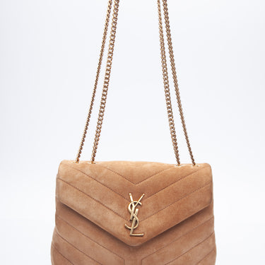 SAINT LAURENT Light Brown Loulou Small Quilted Suede Shoulder Bag