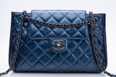 CHANEL Glazed Calfskin Quilted Metallic Dark Blue Shoulder/Crossbody Flap Bag