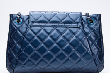 CHANEL Glazed Calfskin Quilted Metallic Dark Blue Shoulder/Crossbody Flap Bag