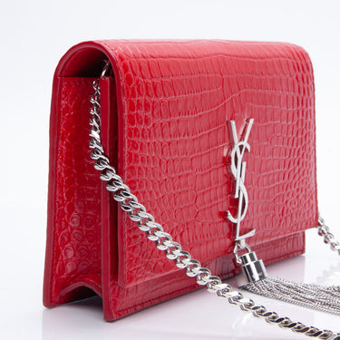 SAINT LAURENT Calfskin Crocodile Embossed Kate Monogram Tassel Chain Wallet Red