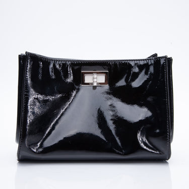 CHANEL Black Patent Mademoiselle Lock Convertible Clutch Bag