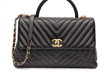 CHANEL Black Chevron Quilted Medium Coco Handle Flap Bag