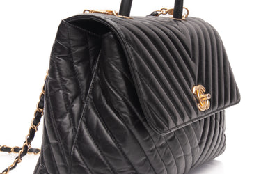 CHANEL Black Chevron Quilted Medium Coco Handle Flap Bag