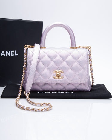 Chanel Coco Extra Mini Top Handle Iridescent Caviar Leather Crossbody Bag Light Blue