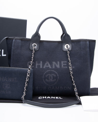 Guarantee Authentic Chanel Blue Denim and Leather Deauville Bowling Chain Shoulder Tote Bag