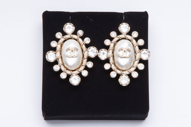 CHANEL CC Faux Pearl Crystal Gold Tone Stud Earrings