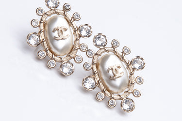 CHANEL CC Faux Pearl Crystal Gold Tone Stud Earrings