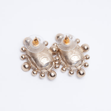 CHANEL CC Faux Pearl Crystal Gold Tone Stud Earrings