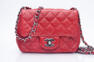 CHANEL Lambskin Red Quilted Square Mini Flap Bag