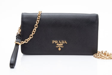 PRADA Black Saffiano Metal Phone Wristlet Crossbody Wallet on chain WOC