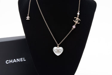 CHANEL 22 Heart Pearl Crystal CC Logo Necklace