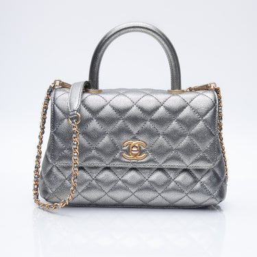 CHANEL Caviar Quilted Mini Coco Handle Metallic Flap Iridescent Silver Shoulder Bag