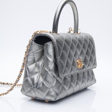 CHANEL Caviar Quilted Mini Coco Handle Metallic Flap Iridescent Silver Shoulder Bag