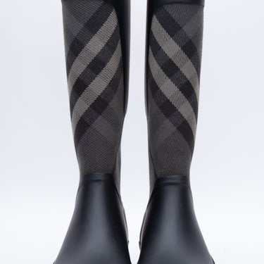 BURBERRY Black Plaid Rubber Knee-High Rain Boots 36