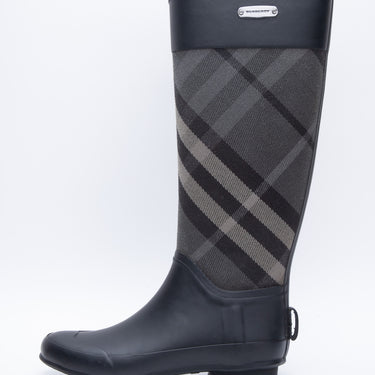 BURBERRY Black Plaid Rubber Knee-High Rain Boots 36