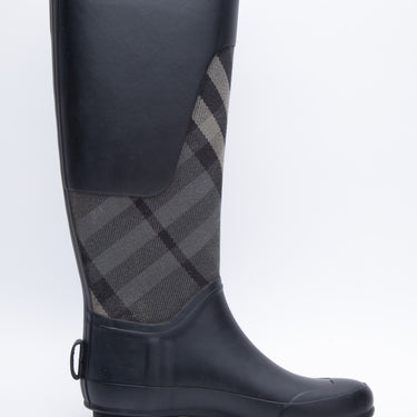 BURBERRY Black Plaid Rubber Knee-High Rain Boots 36