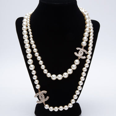 CHANEL CC Crystals Faux Pearl Gold Tone Long Necklace