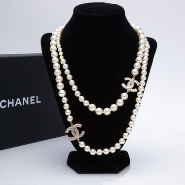 CHANEL CC Crystals Faux Pearl Gold Tone Long Necklace
