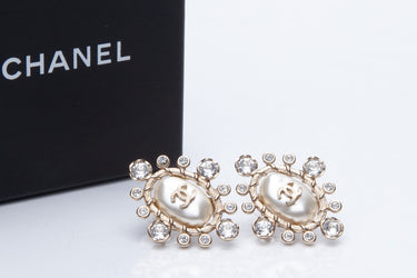 CHANEL CC Faux Pearl Crystal Gold Tone Stud Earrings