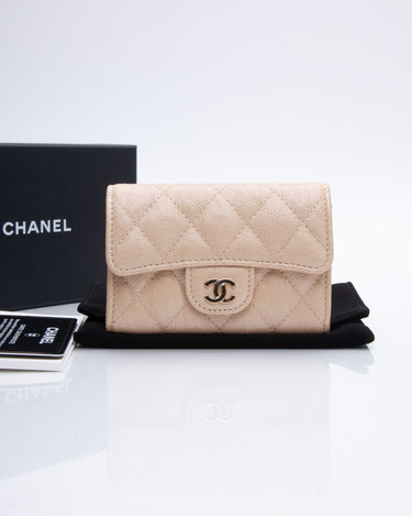 Chanel Iridescent Caviar Quilted Flap Card Holder Beige