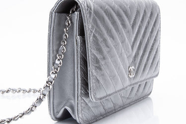 CHANEL Silver Crinkled Patent and Leather Chevron Quilted Wallet On Chain WOC