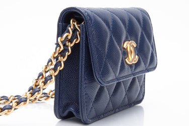 CHANEL Navy Quilted Caviar Twist Your Buttons Coin Purse with Chain Crossbody Bag