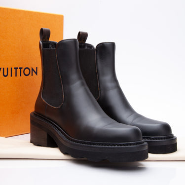 LOUIS VUITTON Calfskin Monogram Beaubourg Ankle Boots 37.5 Black