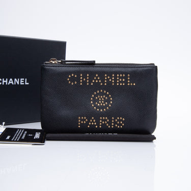 CHANEL Black Caviar Leather Deauville Studded Zip Case