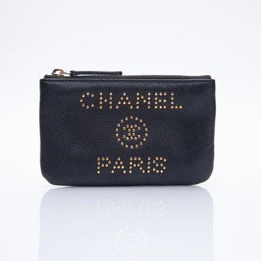 CHANEL Black Caviar Leather Deauville Studded Zip Case