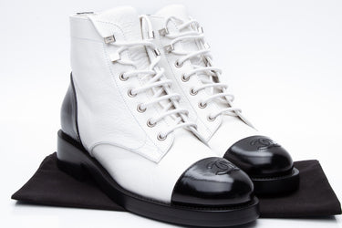 CHANEL Black White Distressed Patent Cap Toe Combat Boots 38
