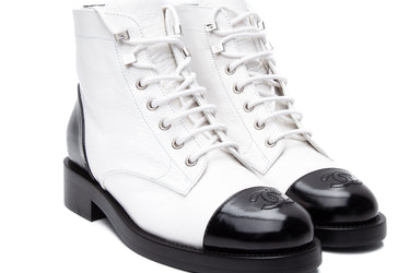 CHANEL Black White Distressed Patent Cap Toe Combat Boots 38 (New)