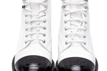 CHANEL Black White Distressed Patent Cap Toe Combat Boots 38 (New)